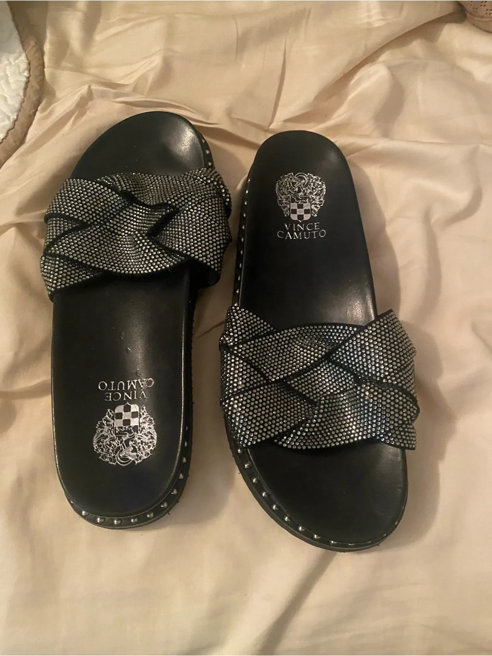 Vince Camuto Black and Silver Crystal Cross-Band Slide Sandals - Picture 1 of 3